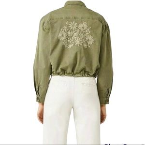 Ella Moss Xander Embroidered Distressed Crop Button Front Army Green M 2…